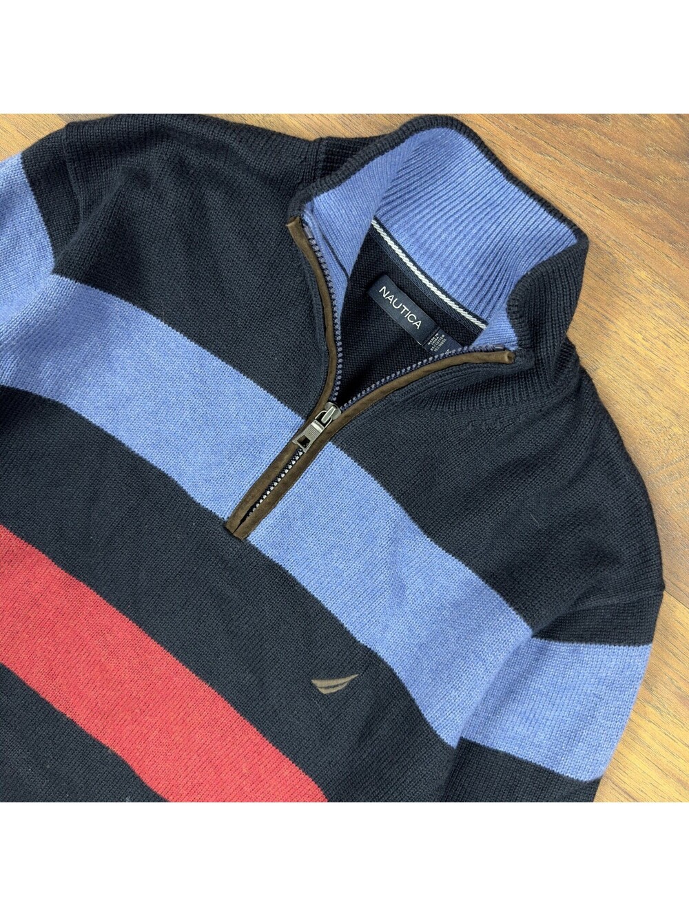 Nautica Striped Quarter Zip Sweater Mens M Navy Blue Red